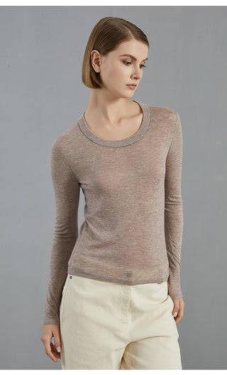 Taupe/purplish-brown long-sleeve knit pullover, crew neck, side view