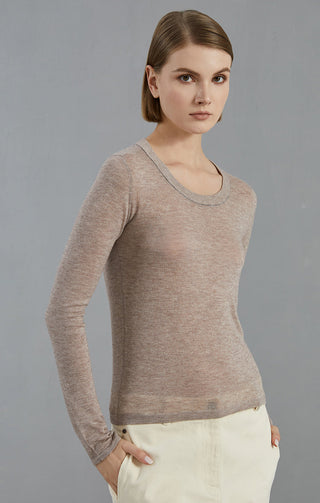 Wool-blend long-sleeve knit pullover, crew neck, taupe/purplish-brown
