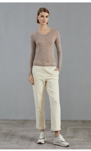 Taupe/purplish-brown long-sleeve knit pullover with crew neck, full front view