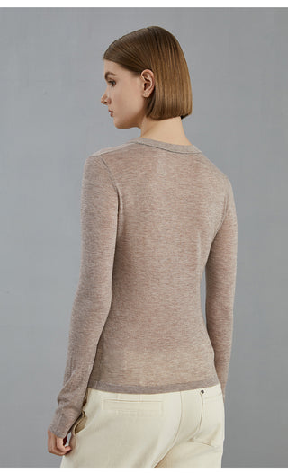 Taupe/purplish-brown knit pullover, long sleeves, crew neckline, back view