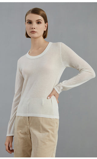 Ivory long-sleeve knit pullover with crew neckline, side view