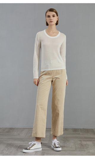 Ivory wool-blend knit pullover with crew neck, full front view