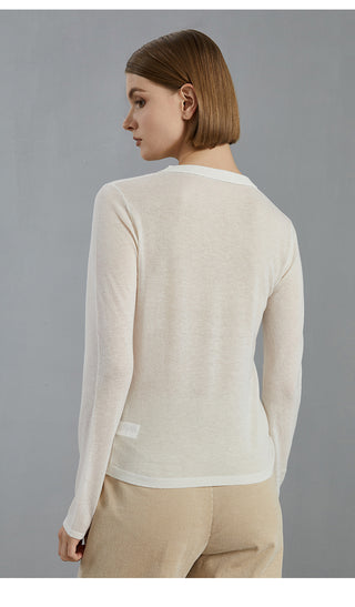 Ivory long-sleeve knit pullover, crew neckline, back view