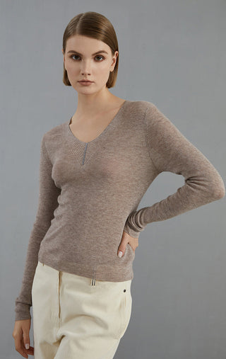 Wool-blend thin knit pullover sweater, heather brown, V-neck and long sleeves