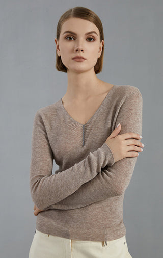 Wool-blend thin knit pullover sweater in heather brown, V-neck seam detail