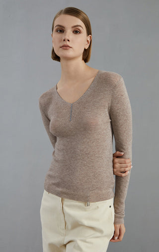 Wool-blend thin knit pullover sweater, heather brown V-neck, fitted long sleeves