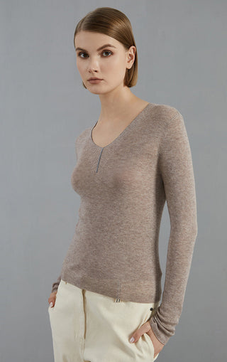 Wool-blend thin knit pullover sweater, heather brown, V-neck with narrow rib trim