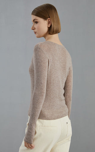 Wool-blend thin knit pullover sweater, heather brown, back view with long sleeves