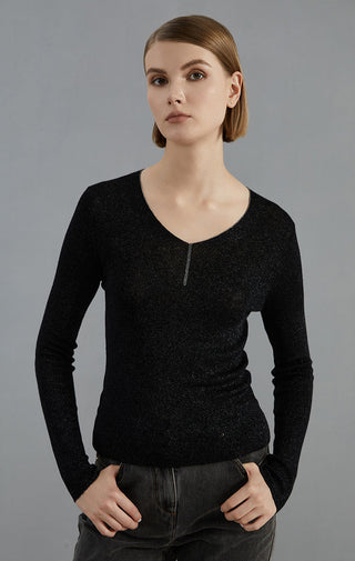 Wool-blend thin knit pullover sweater in black, V-neck and long sleeves
