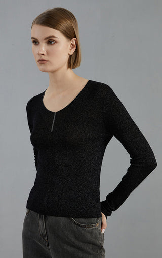 Wool-blend thin knit pullover sweater in black, fitted V-neck long sleeve top