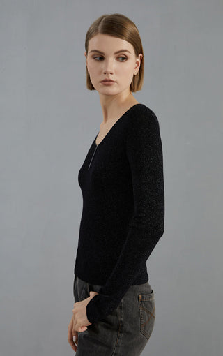Wool-blend thin knit pullover sweater, black V-neck, side view long sleeves