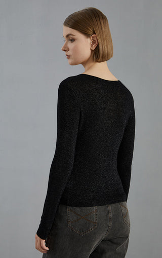 Wool-blend thin knit pullover sweater, black, back view with long sleeves