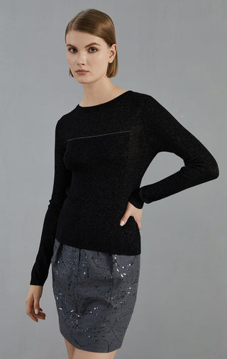 Black fine-rib knit top with crew neck, long sleeves, fitted body-hugging shape