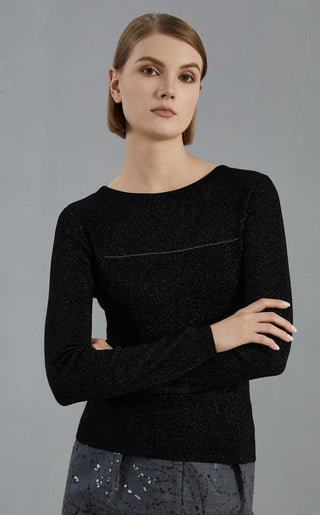 Black wool-blend fine-rib knit top with crew neck and long sleeves, fitted silhouette