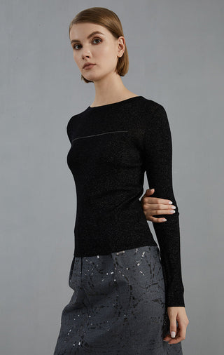 Black wool-blend fine-rib knit top, crew neck, long sleeves, fitted front view