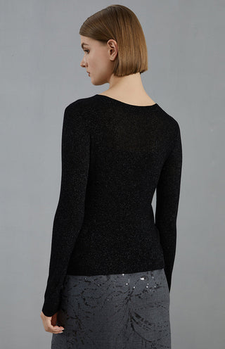 Black fine-rib knit top with long sleeves and rounded crew neckline, back view