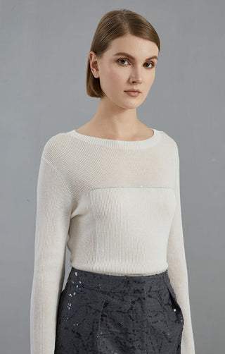 White fine-rib knit top with curved bust seam, long sleeves, crew neck