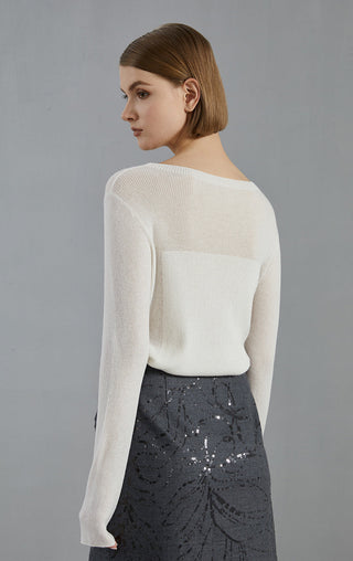 White fine-rib knit top, curved bust seam detail, long sleeves, crew neck (side view)