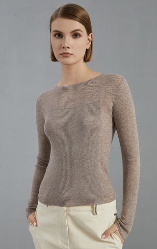 Dark camel fine-rib knit top with curved bust seam, long sleeves, crew neck