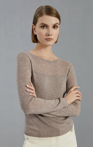 Dark camel fine-rib knit top, curved bust seam, long sleeves, crew neck (front view)