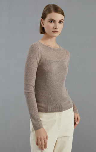 Dark camel fine-rib knit top with curved bust seam, long sleeves, crew neck (side view)