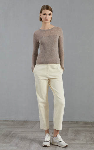 Dark camel fine-rib knit top with curved bust seam, long sleeves, crew neck