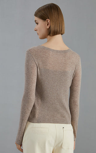 Dark camel fine-rib knit top, ribbed back, long sleeves, crew neck (back view)