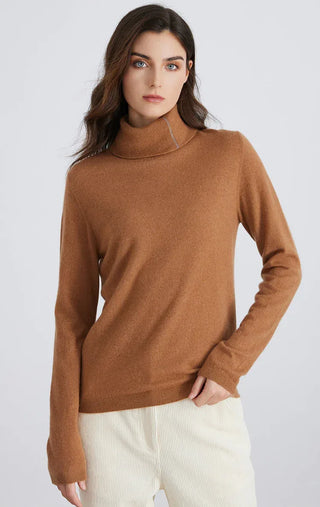 Brown cashmere blend turtleneck sweater front view with ribbed hem and cuffs