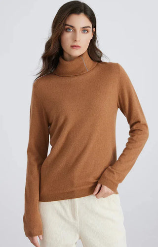 Brown cashmere blend turtleneck sweater with long sleeves and ribbed collar