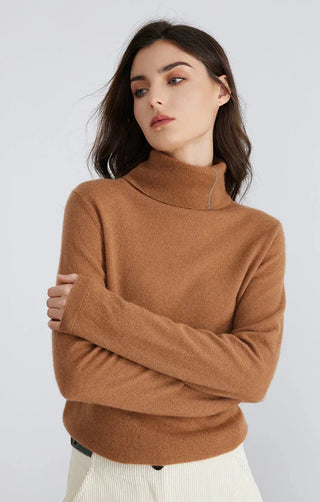 Brown cashmere blend turtleneck sweater with long sleeves and ribbed cuffs