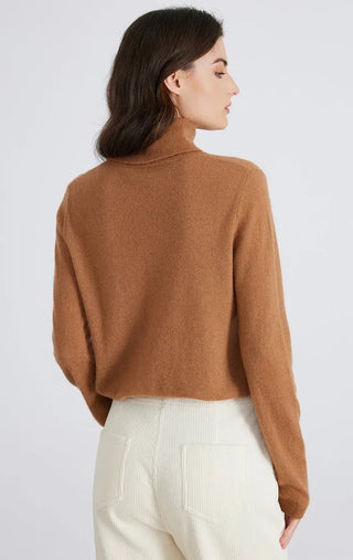 Brown cashmere blend turtleneck sweater back view with long sleeves