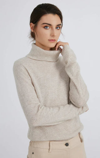 Light gray cashmere blend turtleneck sweater with ribbed collar and cuffs