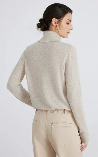 Light gray cashmere blend turtleneck sweater back view with long sleeves