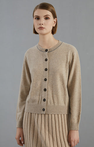 Camel cashmere button cardigan, crew neck with dark buttons and ribbed trim