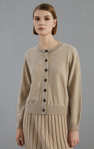 Camel cashmere button cardigan portrait view, crew neck with dark button closure