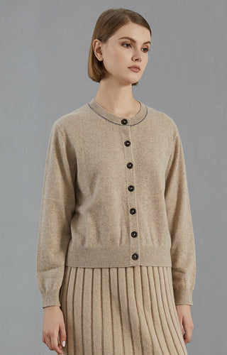 Camel cashmere button cardigan with crew neckline and long sleeves