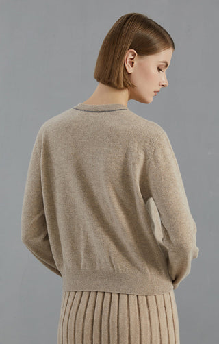 Camel cashmere button cardigan shown from back, ribbed neckline and cuffs