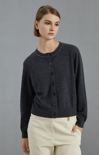 Dark gray cashmere button cardigan with crew neck, dark buttons, ribbed trim