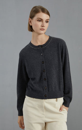 Dark gray cashmere cardigan with button front, crew neck, long sleeves