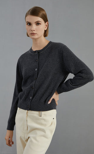 Dark gray cashmere button cardigan, fitted sleeves with ribbed cuffs