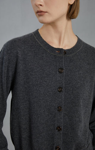 Dark gray cashmere cardigan close-up of crew neck and button placket