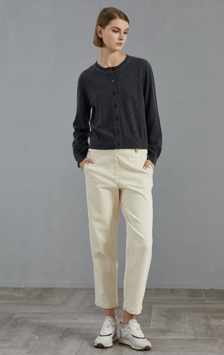 Dark gray cashmere button cardigan, long sleeve with button front and ribbed hem