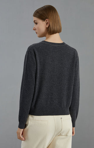 Dark gray cashmere button cardigan, crew neckline, long sleeves, back view