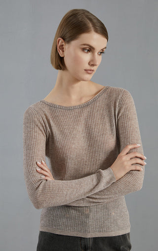 Purplish brown ribbed knit sweater with crew neck and long sleeves, slim fit.