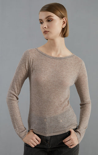 Purplish brown fine-gauge ribbed knit sweater, crew neck, fitted long sleeves.