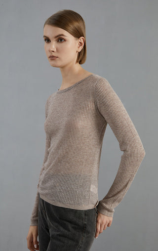 Purplish brown crewneck ribbed knit sweater with long sleeves and straight hem.