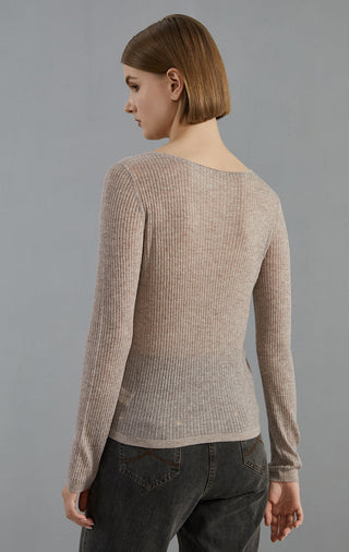 Purplish brown back view of ribbed knit crewneck sweater, long sleeves.