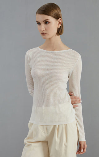 White wool-blend lightweight ribbed knit sweater, crew neck, long sleeves