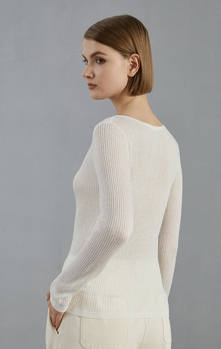 White ribbed knit crewneck sweater back/side view, long sleeves and straight hem.