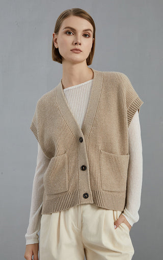 Camel cashmere V-neck ribbed knit cardigan, button front and front pockets